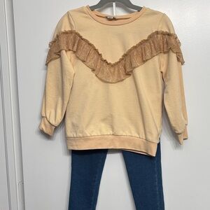 Habitual Kid Ruffle Sweatshirt - Cream/Gold with Denim Leggings